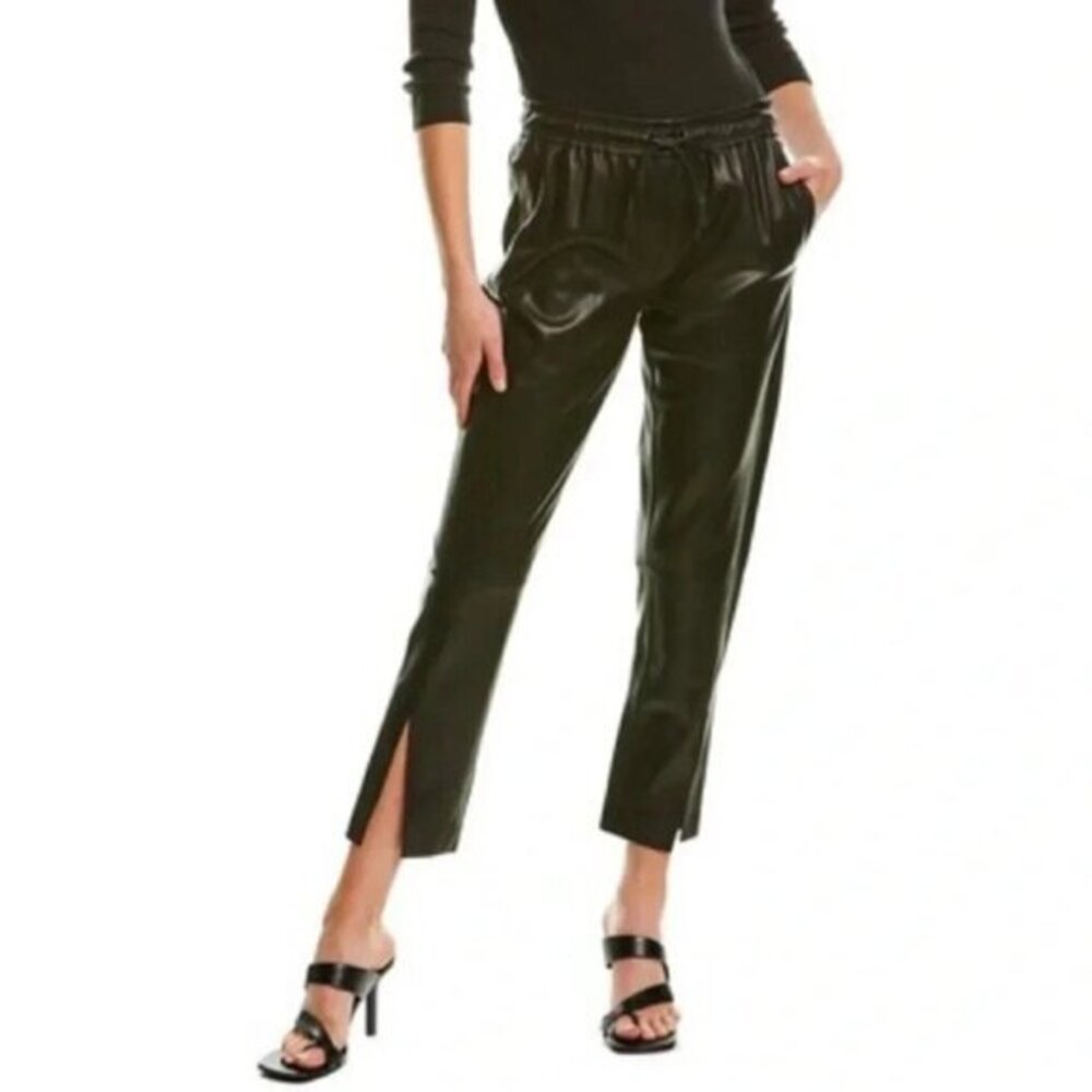 Theory Women’s faux Leather Pant Black Slit ankle Straight Leg business office